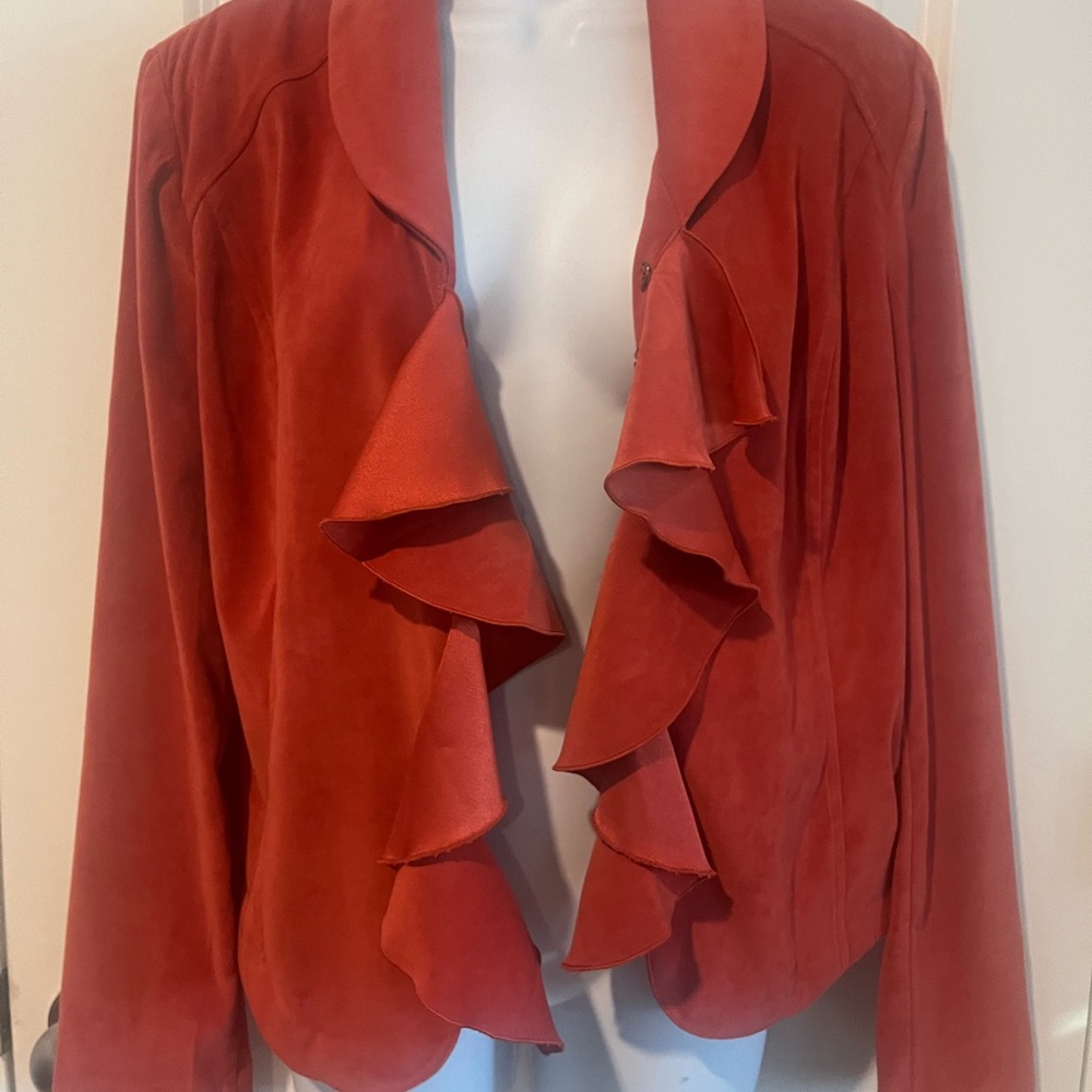 Cato Red Ruffled Open Front Suede Jacket